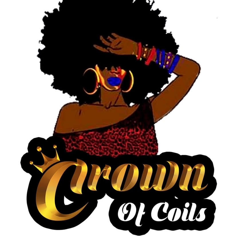 Crown of Coils — natural hair studio logo, a woman with locs wearing a gold crown emblem